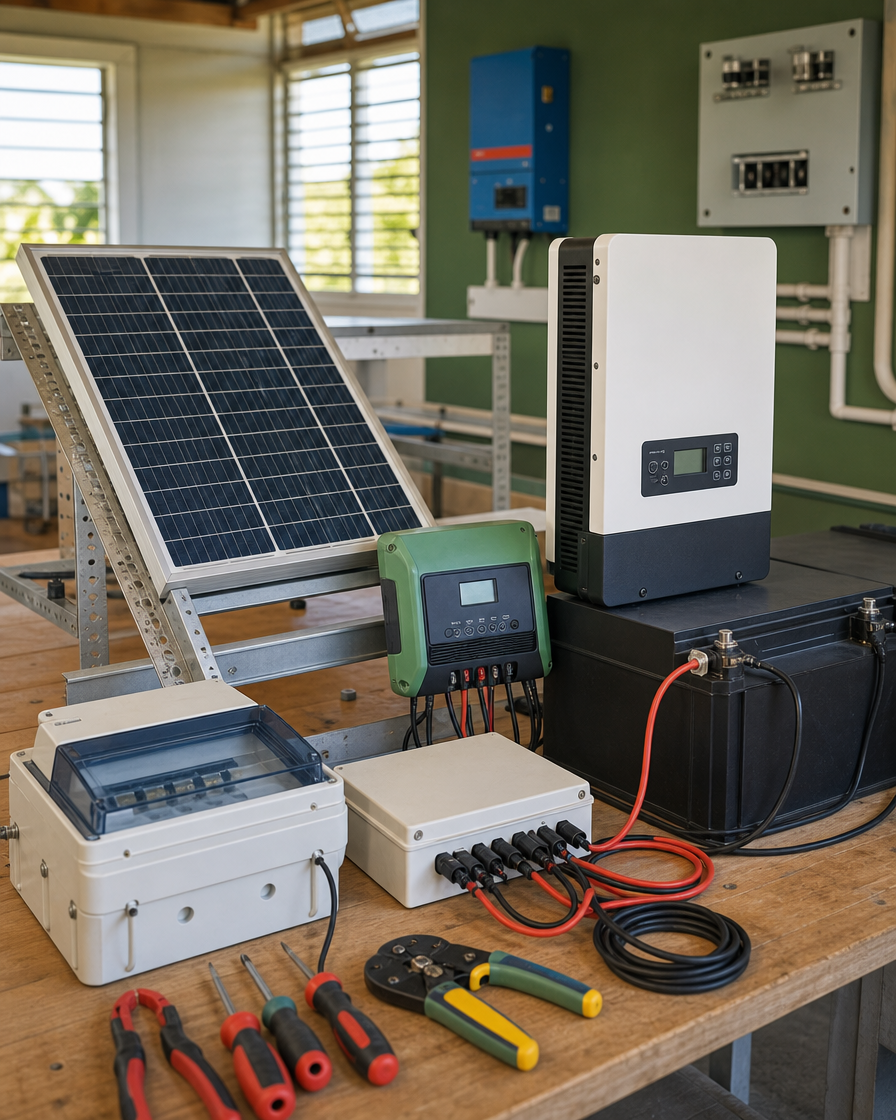 Solar panels, inverter, battery and wiring on a training bench