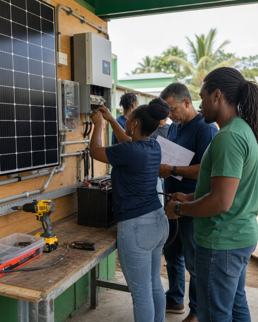 Men and women working together on a solar training system