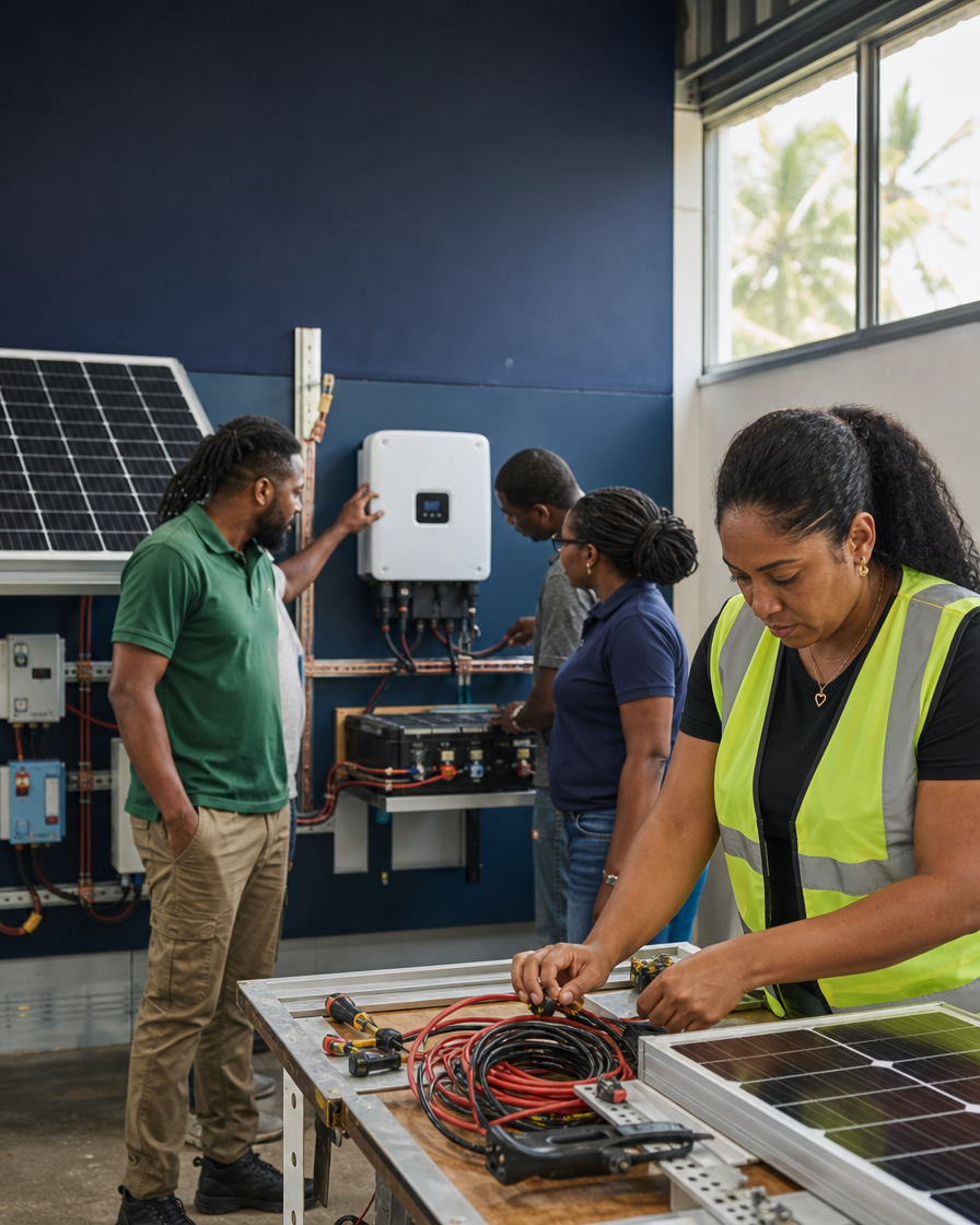 Students practicing solar installation with real equipment